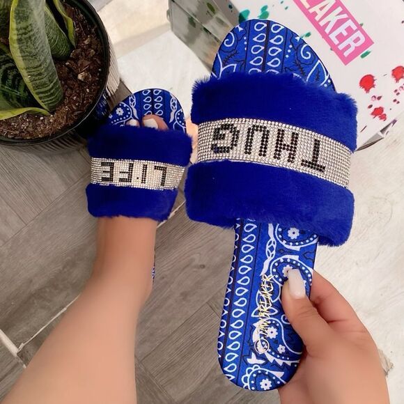 THUG LIFE Faux Fur Blue Bandana Slide - Picture 4 of 12